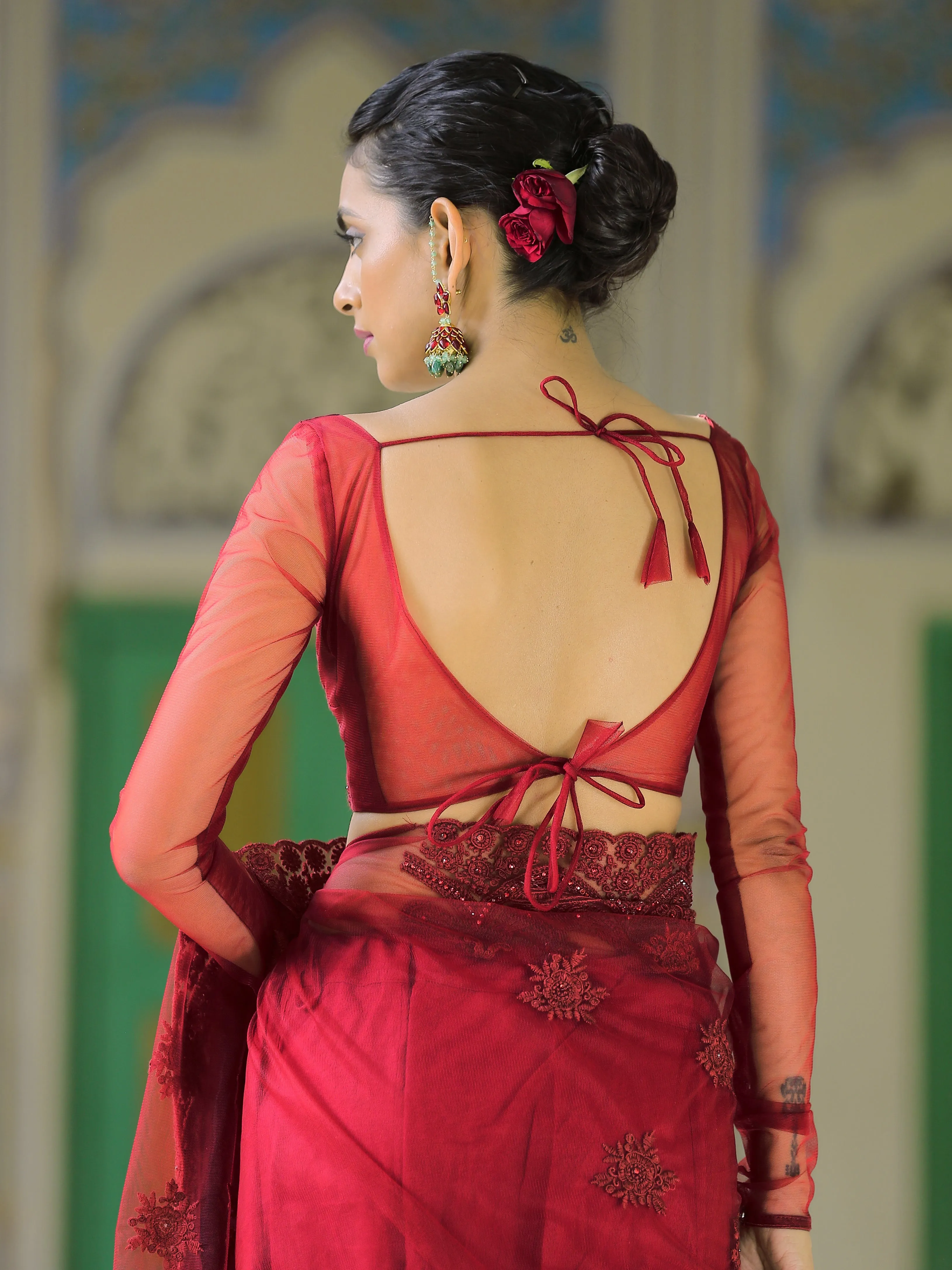 Retro Burgundy Net Saree with Embroidery & Scalloping