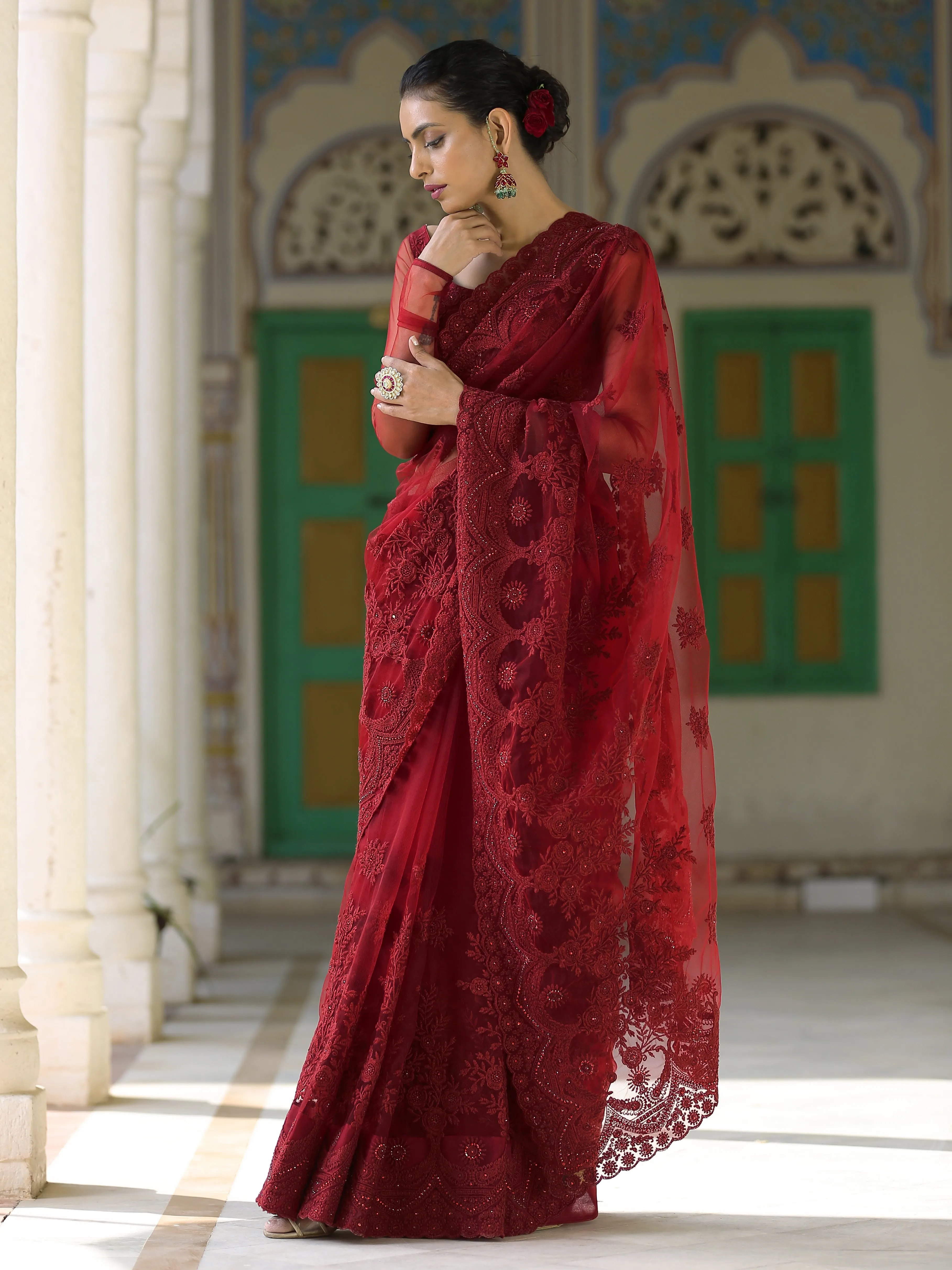 Retro Burgundy Net Saree with Embroidery & Scalloping