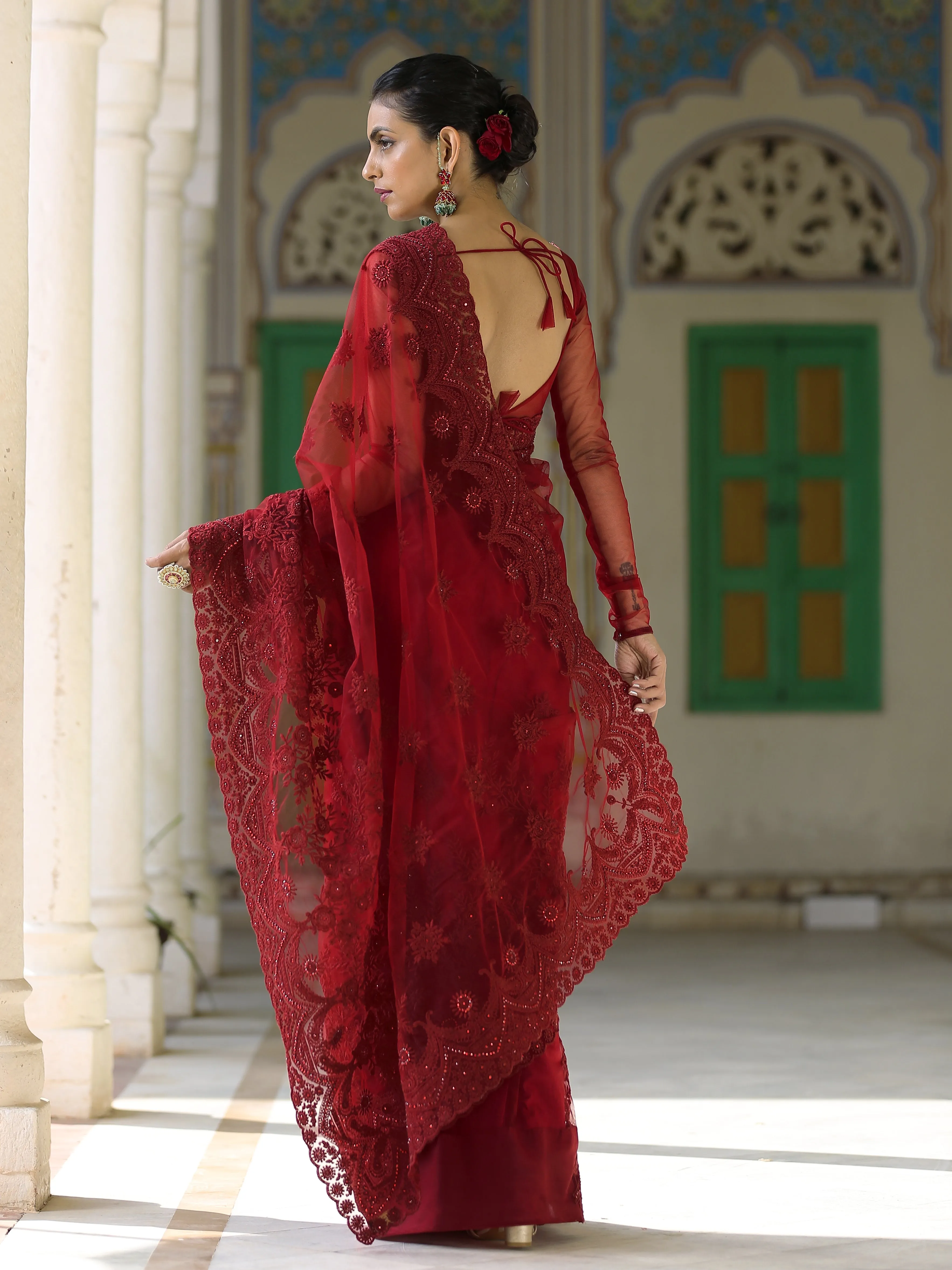 Retro Burgundy Net Saree with Embroidery & Scalloping