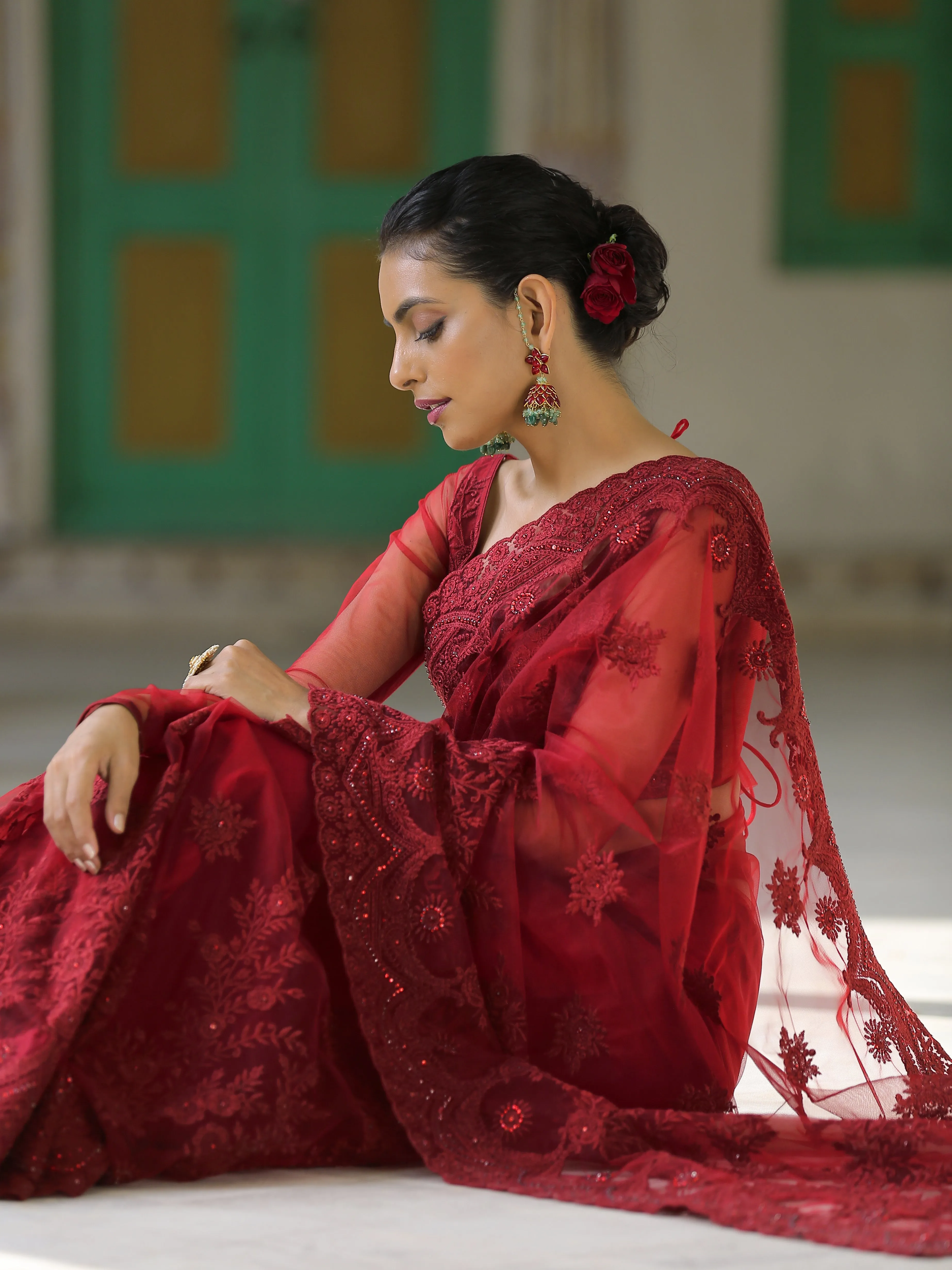 Retro Burgundy Net Saree with Embroidery & Scalloping