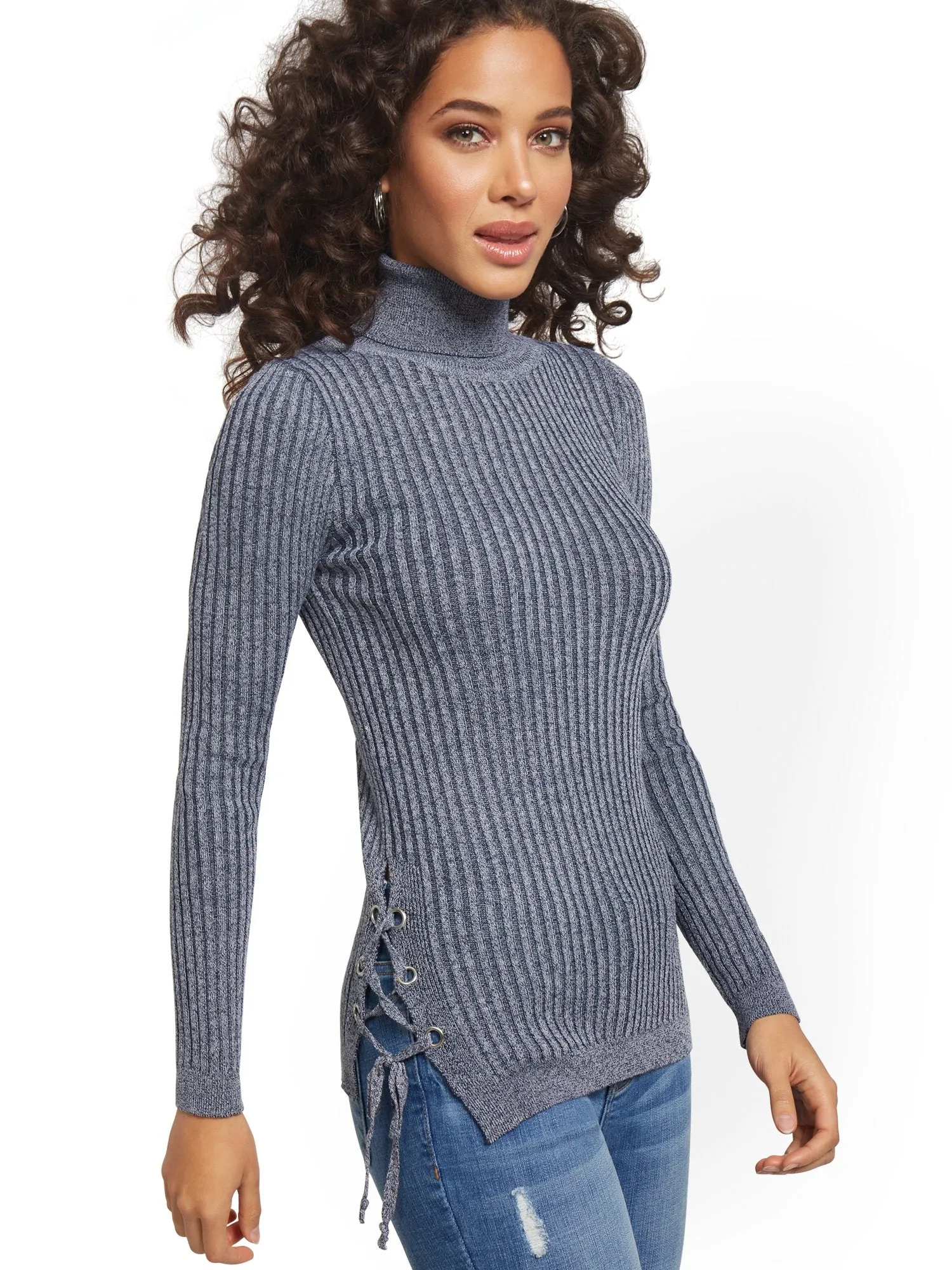 Ribbed Lace-Up Turtleneck Sweater