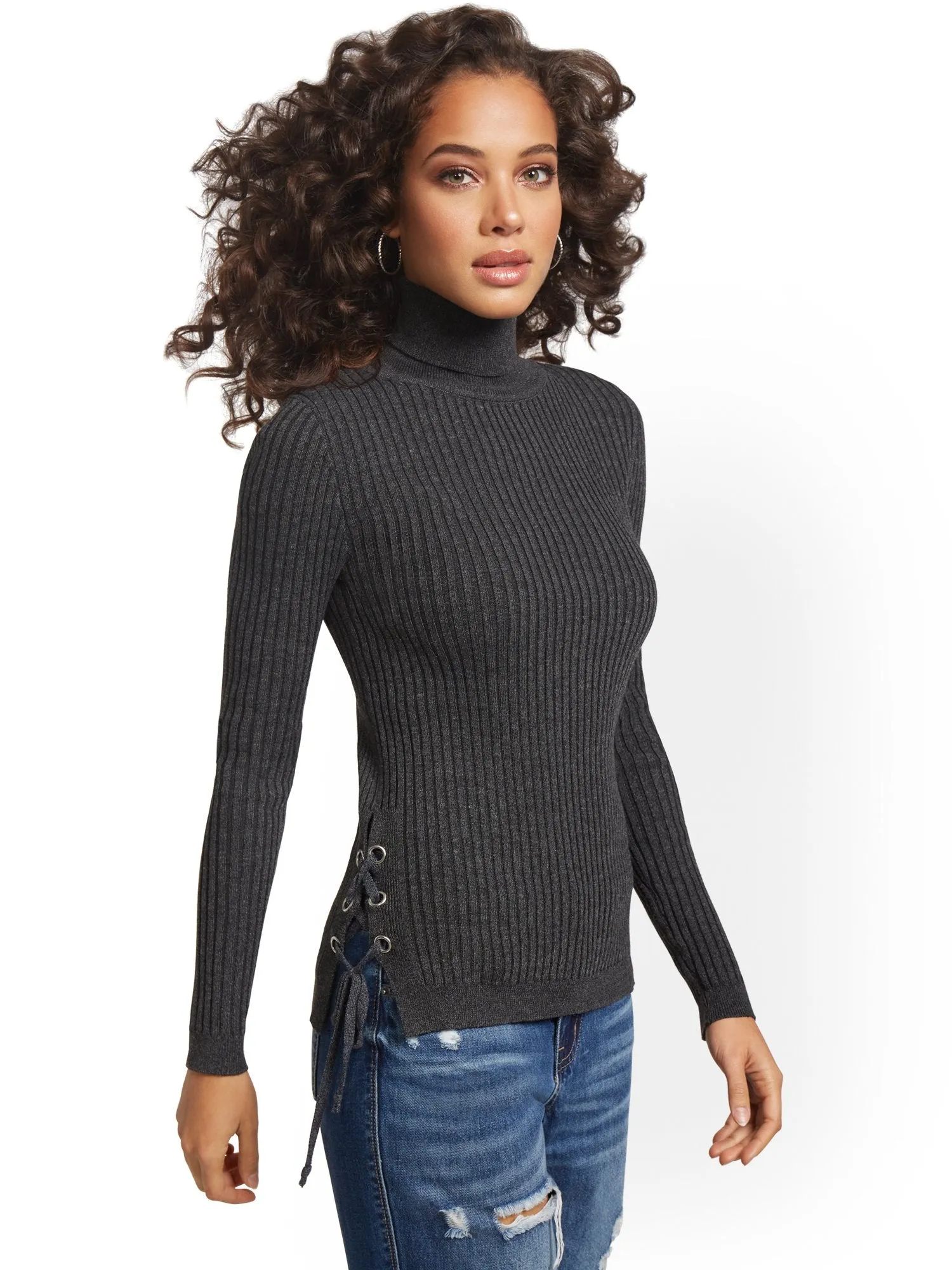 Ribbed Lace-Up Turtleneck Sweater