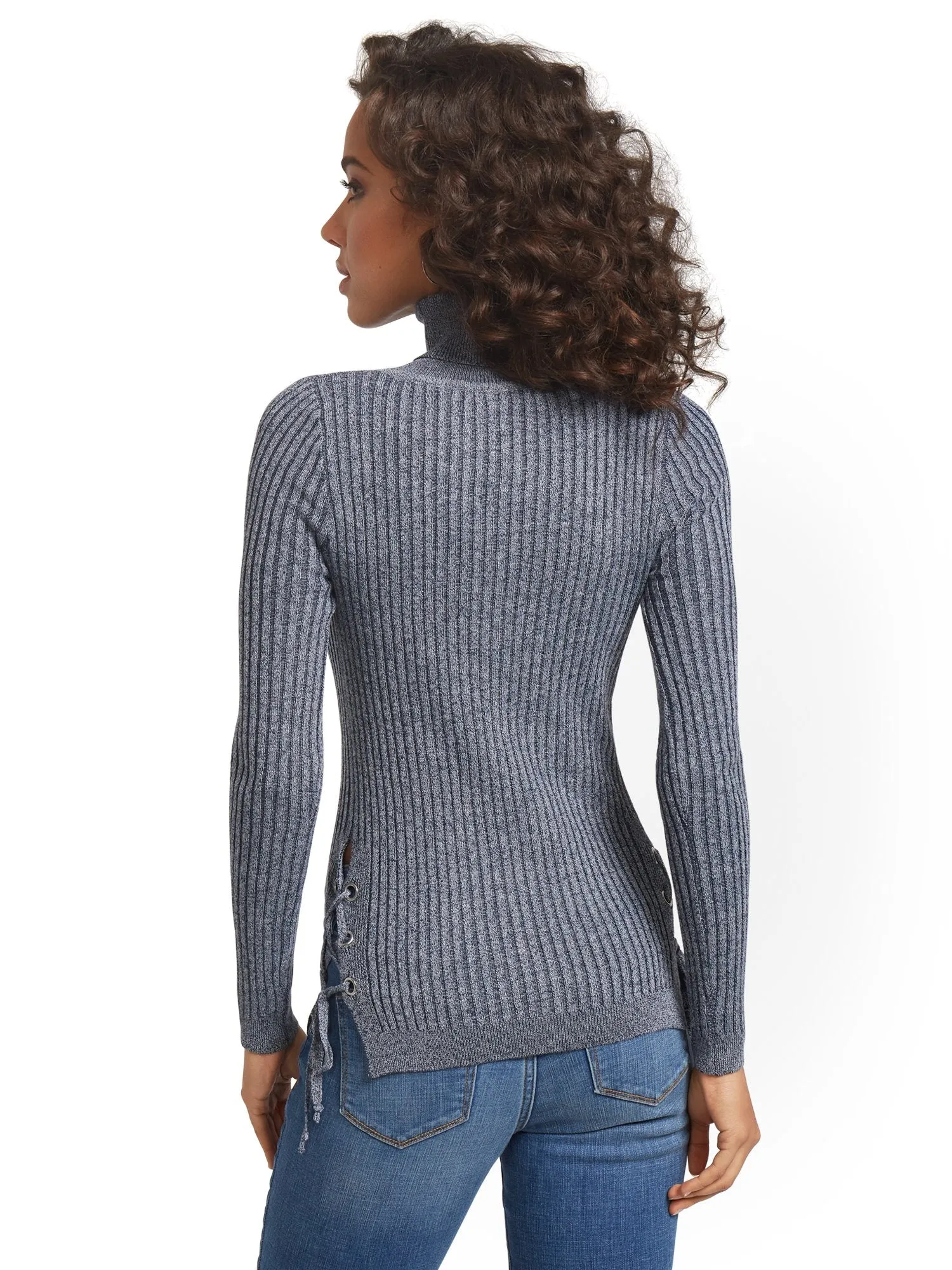 Ribbed Lace-Up Turtleneck Sweater