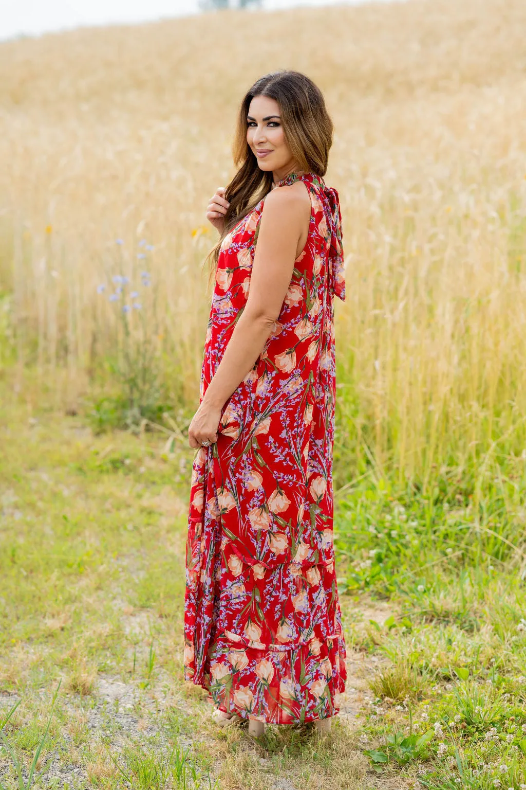 Romantic Floral Halter Maxi Dress