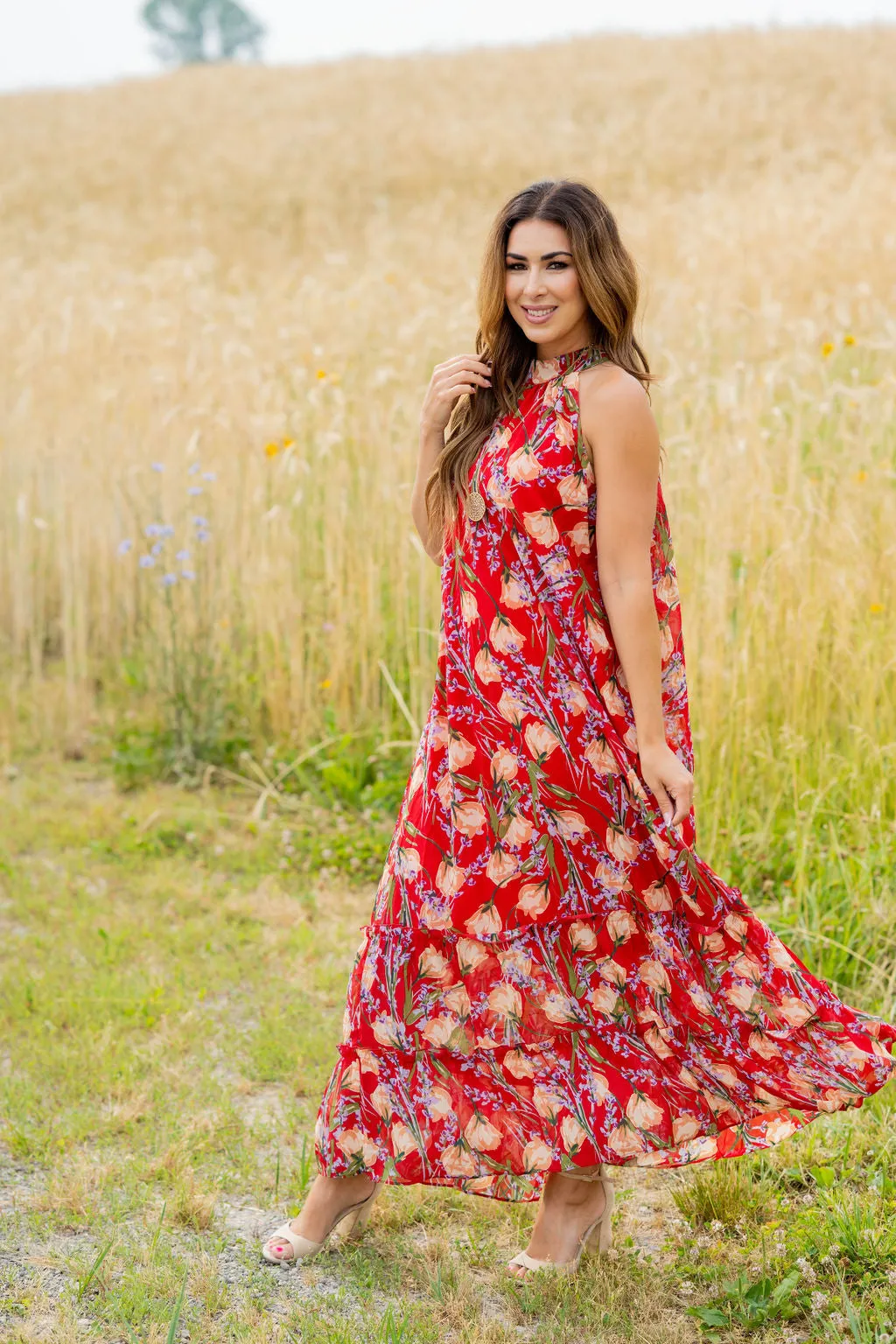 Romantic Floral Halter Maxi Dress