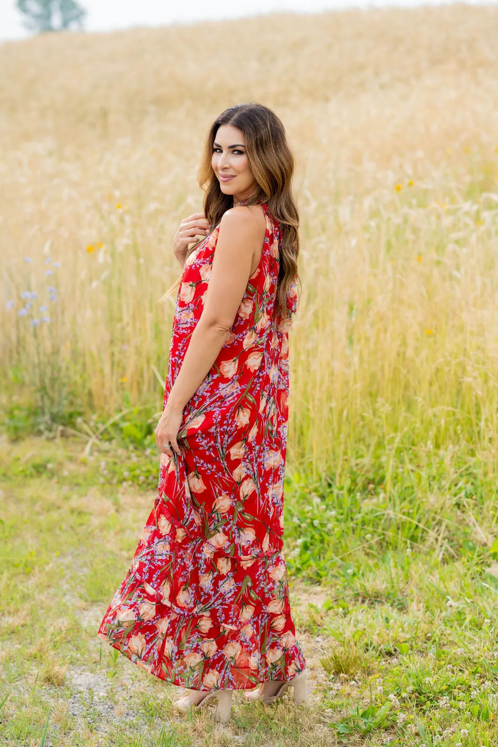 Romantic Floral Halter Maxi Dress