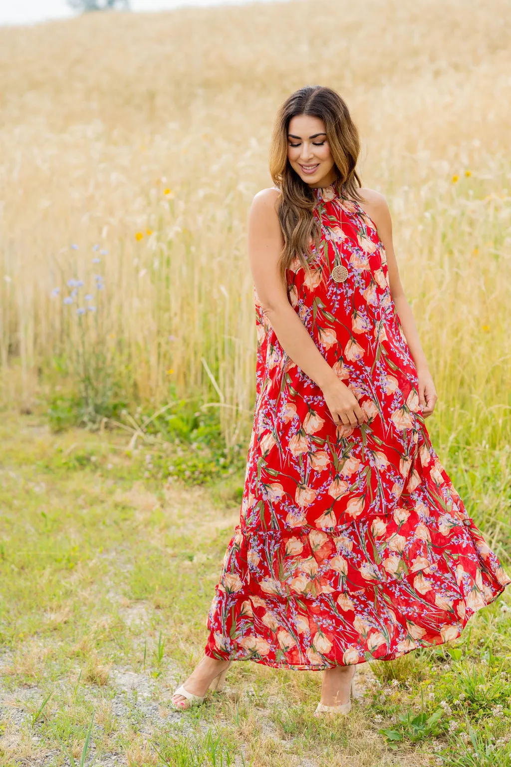 Romantic Floral Halter Maxi Dress