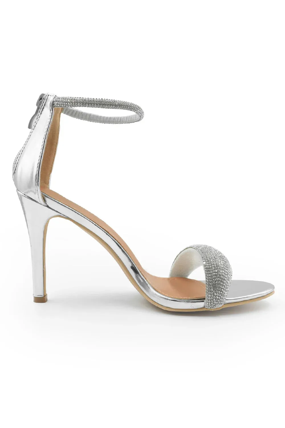 SABRA WIDE FIT HIGH HEEL SANDALS WITH DIAMANTE ANKLE STRAP IN SILVER FAUX LEATHER