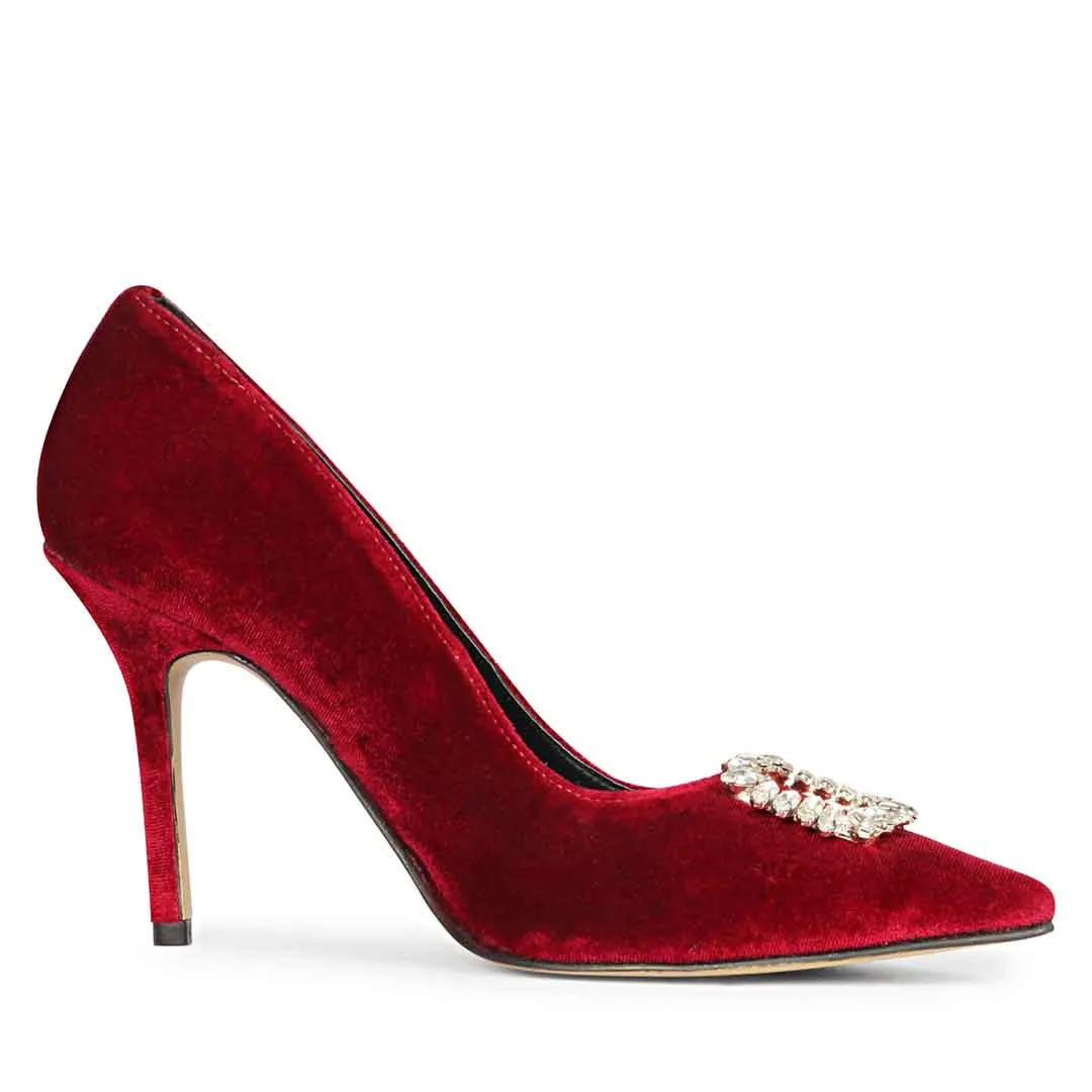 Saint Wren Crystal Buckle Maroon High Heel Pumps