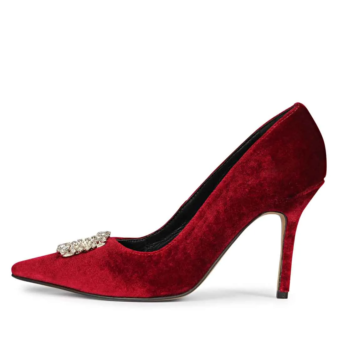 Saint Wren Crystal Buckle Maroon High Heel Pumps