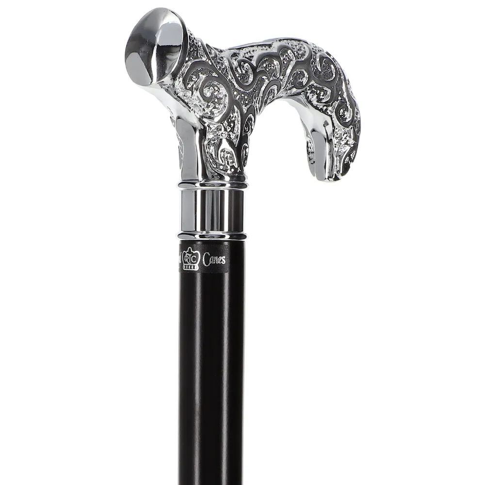 Scratch and Dent Extra Long Super Strong Silver Plated Scroll Derby Walking Cane - Black Beechwood - Silver Collar V1251