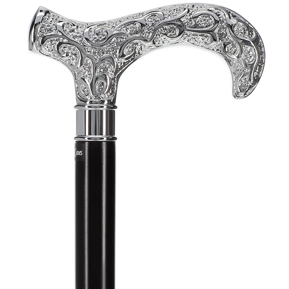 Scratch and Dent Extra Long Super Strong Silver Plated Scroll Derby Walking Cane - Black Beechwood - Silver Collar V2116