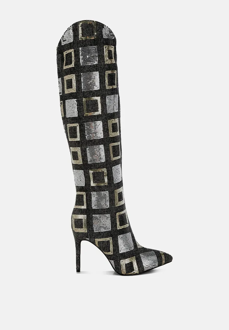 Sharmin Checkered Sequin Knee High Boots