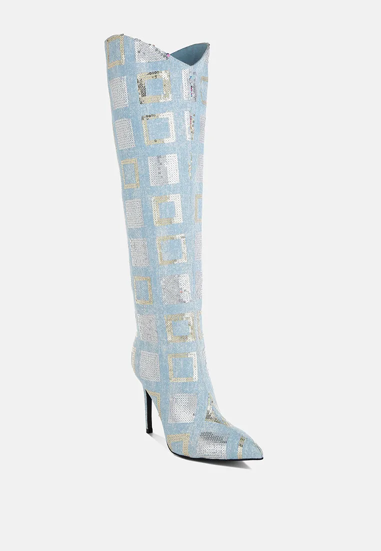 Sharmin Checkered Sequin Knee High Boots