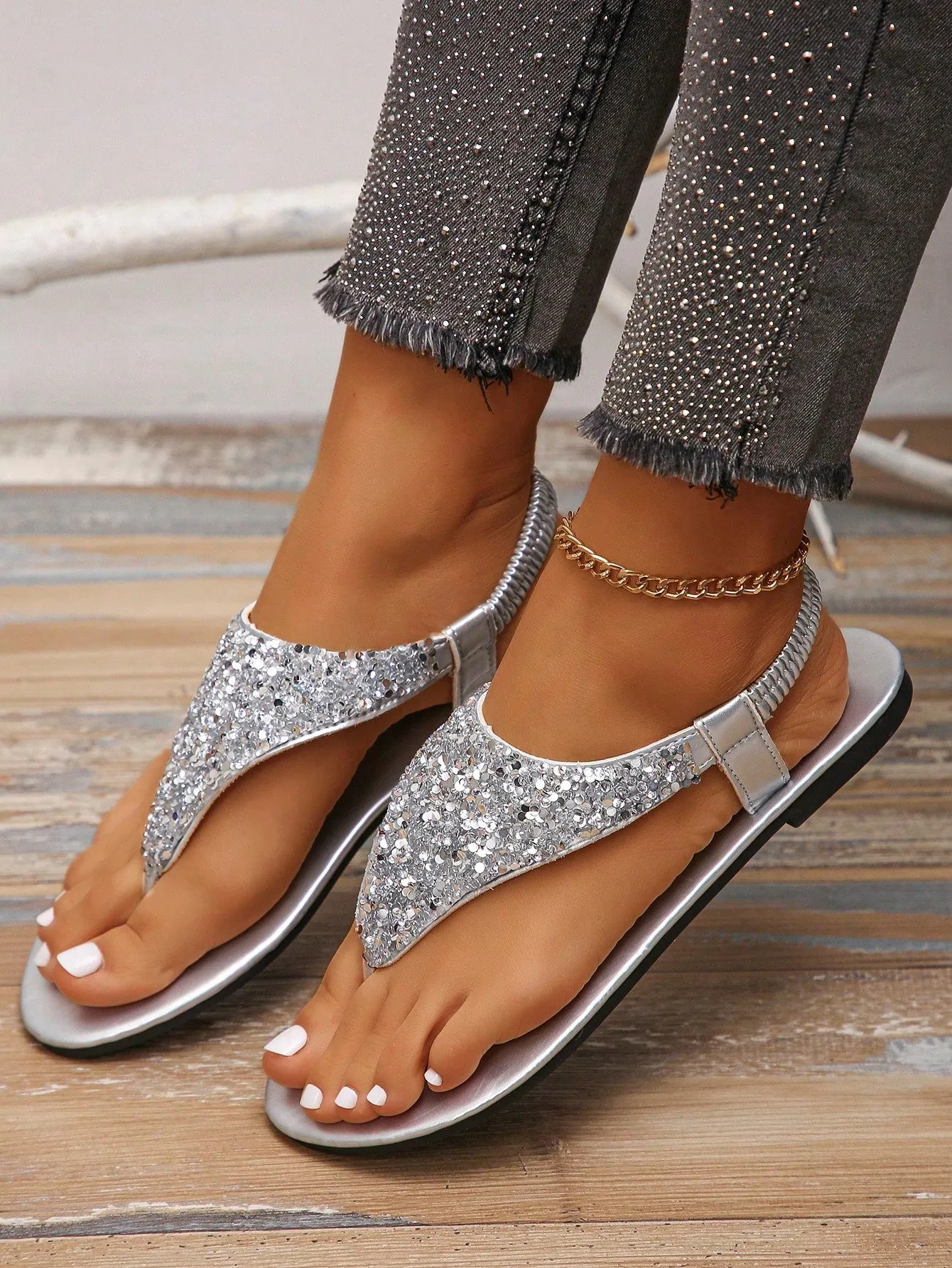 Silver Sequined Open Toe Flat Heel Sandals