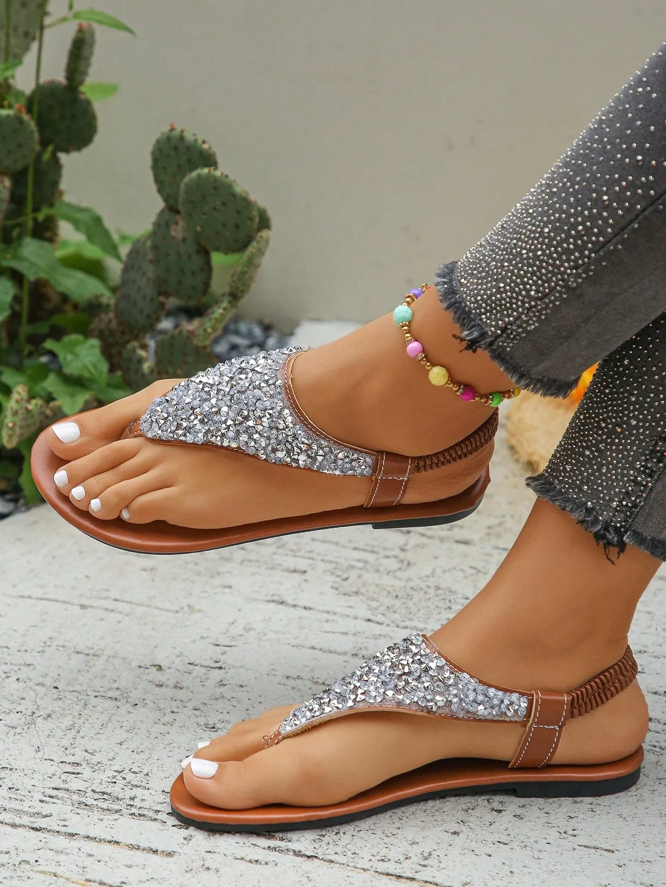 Silver Sequined Open Toe Flat Heel Sandals