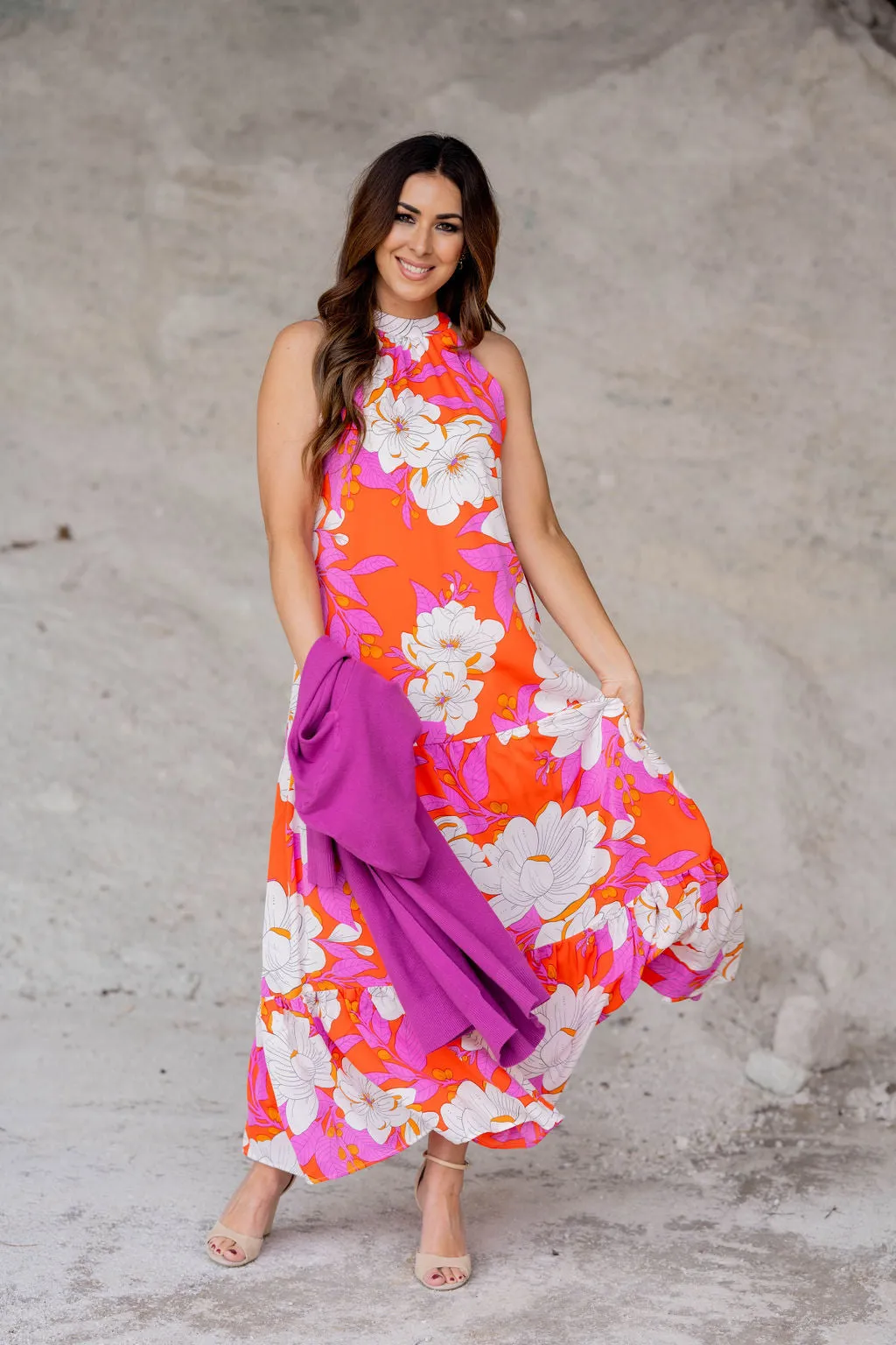 Sketched Floral Halter Maxi Dress