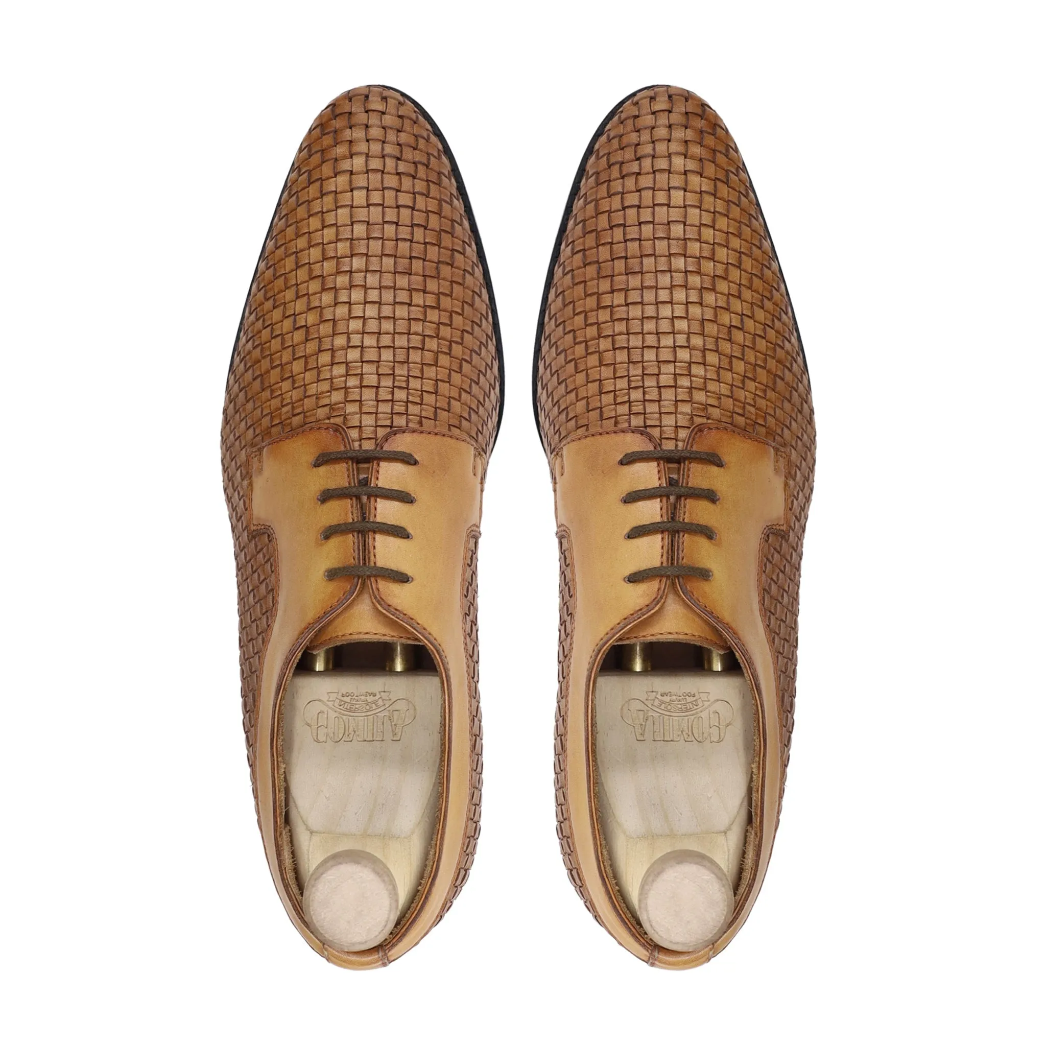 Svasto - Men's Yellow Calf and Hand Woven Calf Leather Derby Shoe