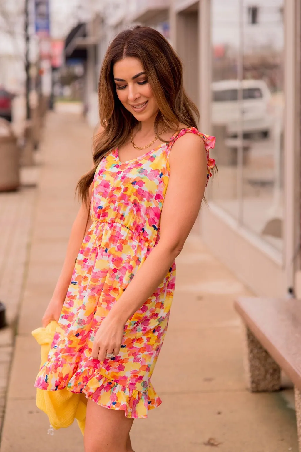 Watercolor Ruffle Accented Tank Dress