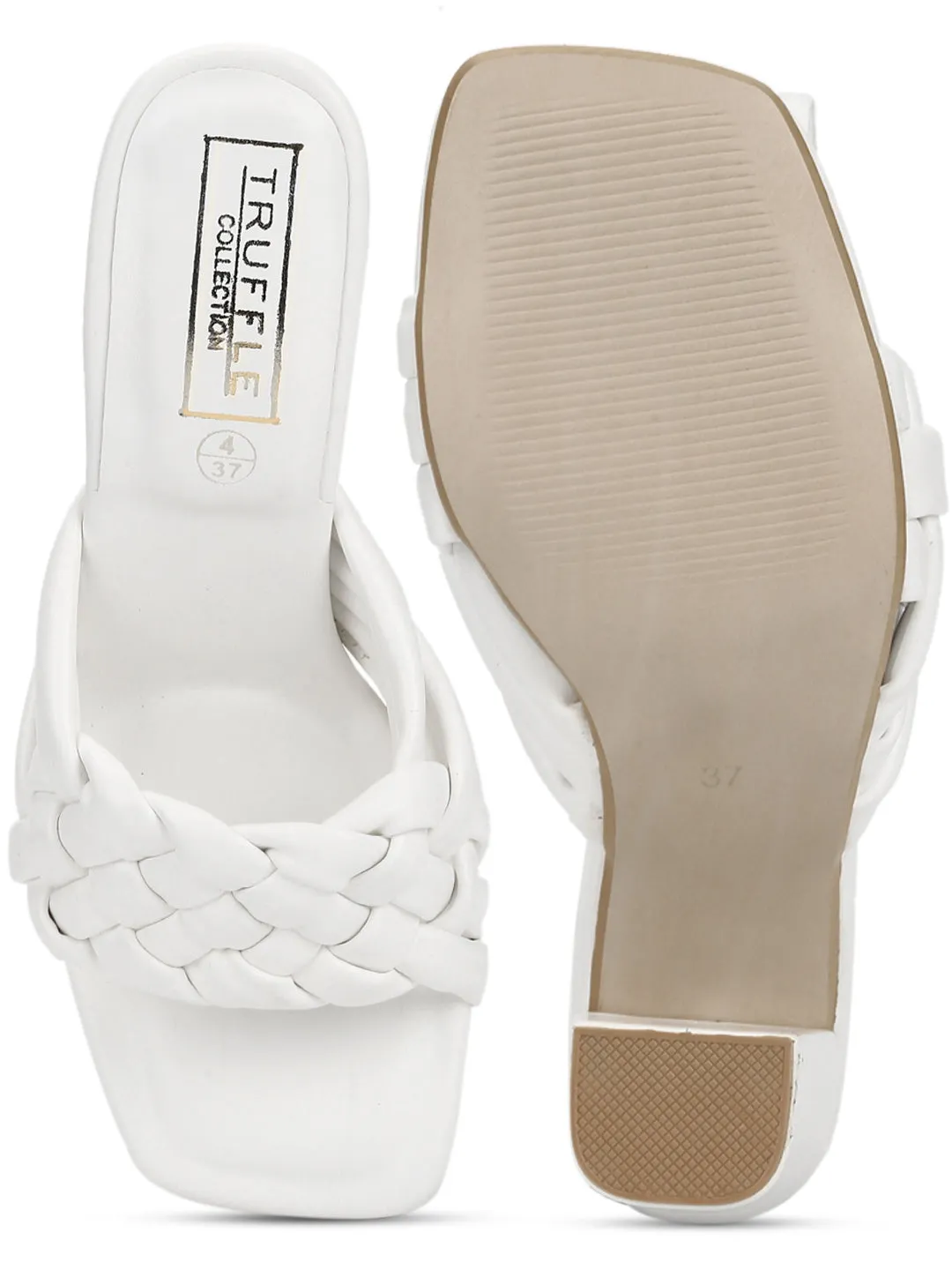 White PU Braided Block Heel Mules (SLC-R-70)