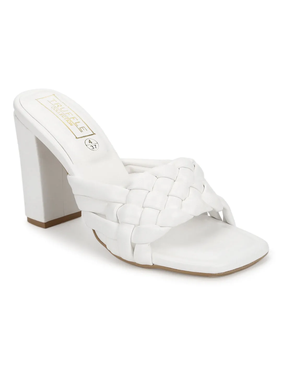 White PU Braided Block Heel Mules (SLC-R-70)