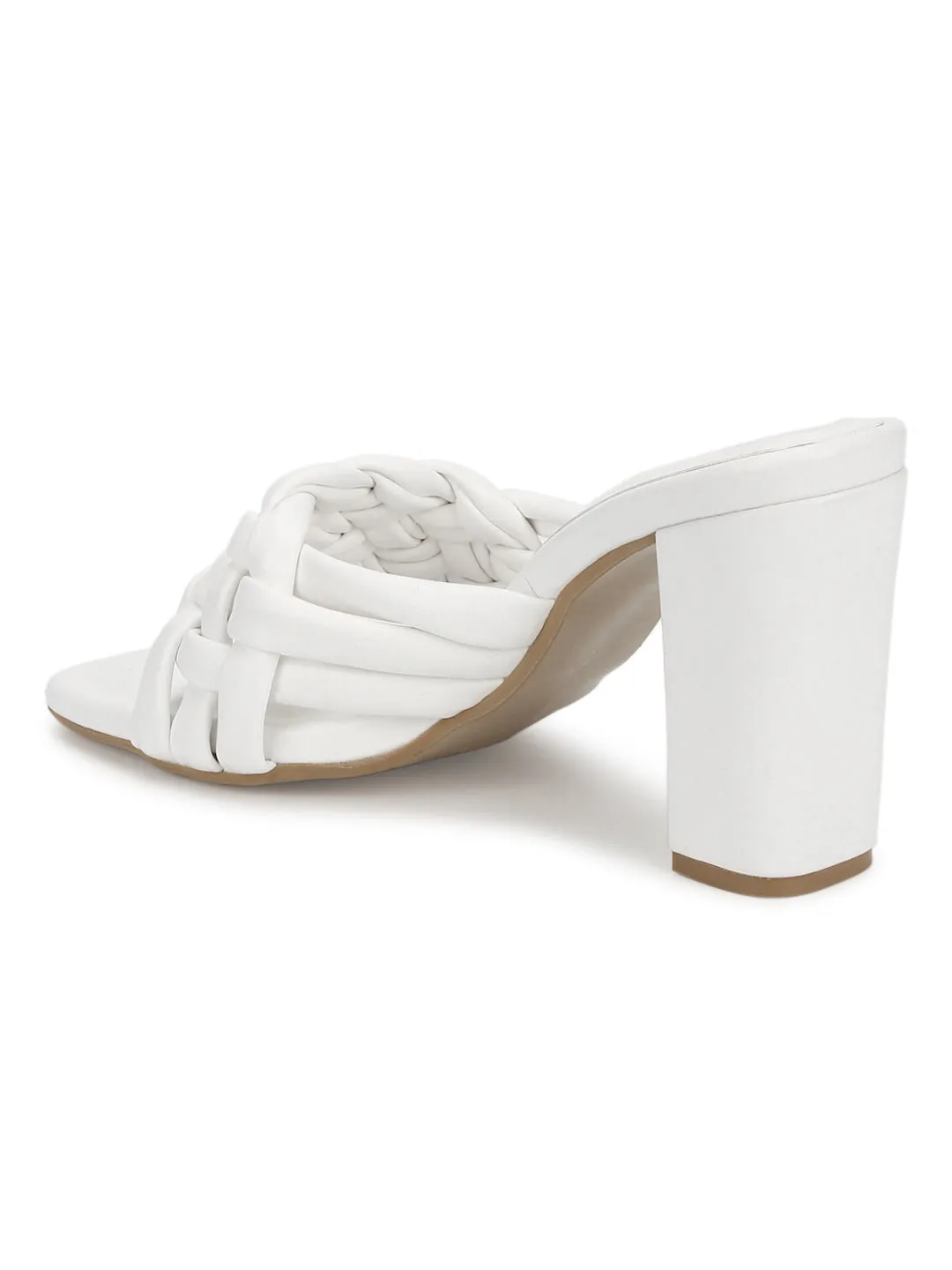 White PU Braided Block Heel Mules (SLC-R-70)