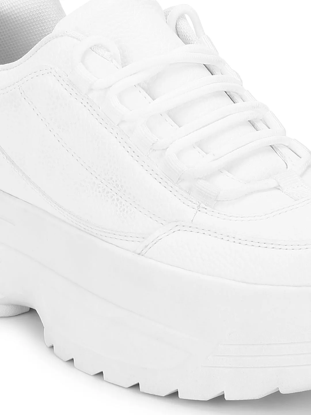 White PU Cleated Bottom Flatform Lace-Up Sneakers