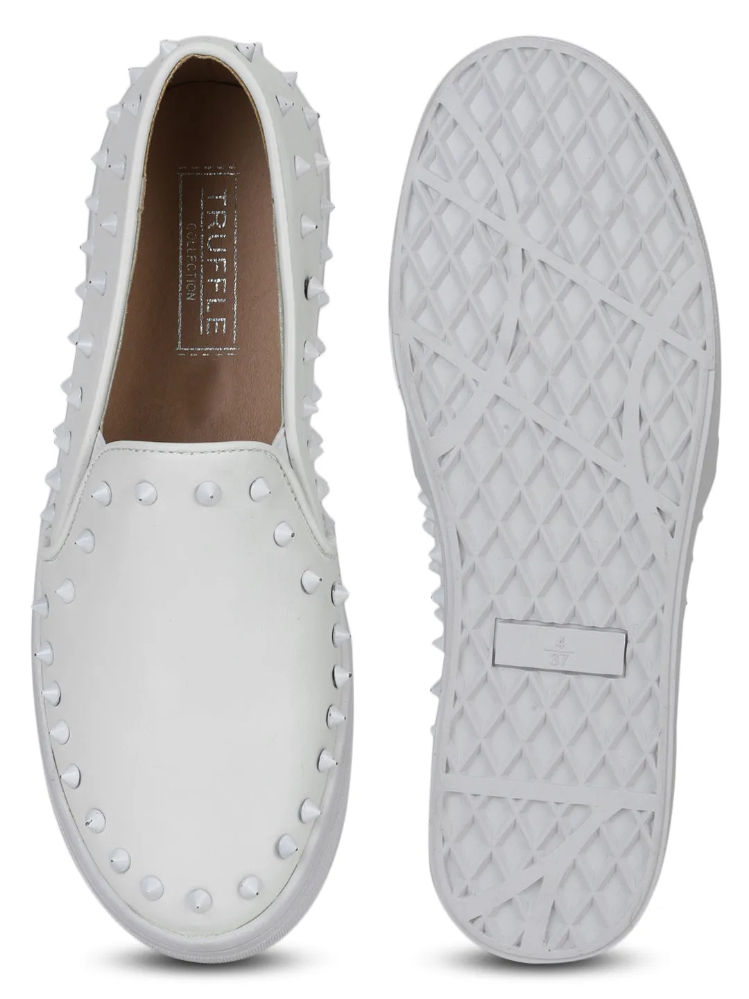 White PU Studded Slip-On Loafers