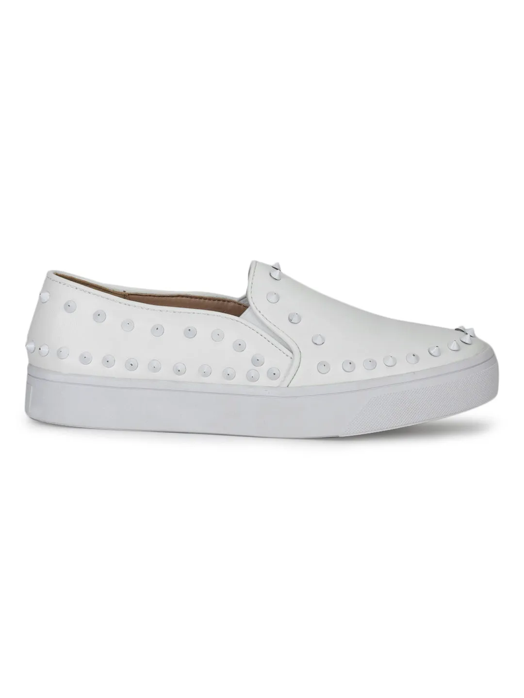 White PU Studded Slip-On Loafers