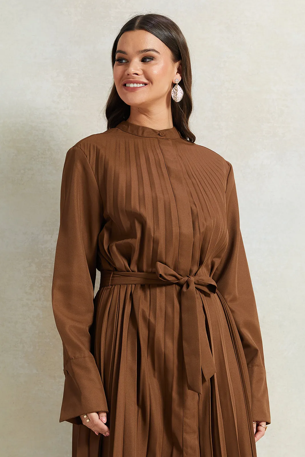 Women Brown Pleated Dress