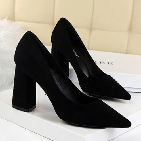 Women minimalist solid color office lady shallow slip on chunky heels