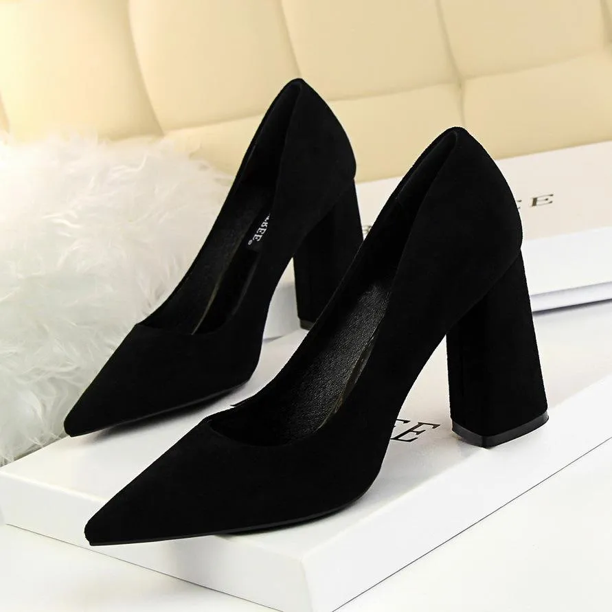 Women minimalist solid color office lady shallow slip on chunky heels