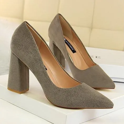 Women minimalist solid color office lady shallow slip on chunky heels