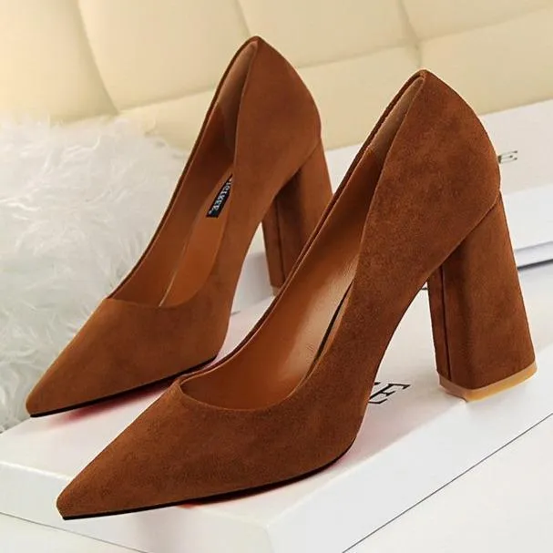 Women minimalist solid color office lady shallow slip on chunky heels