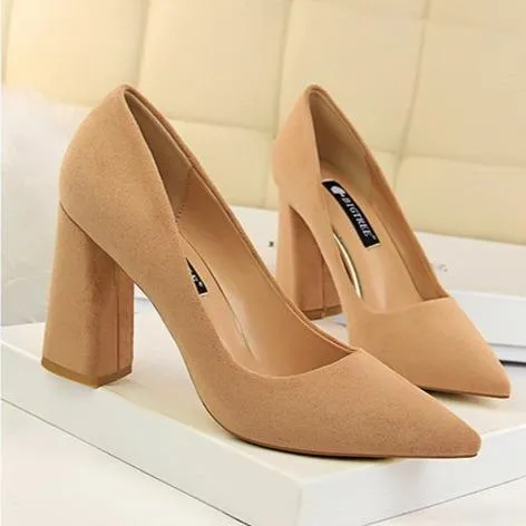 Women minimalist solid color office lady shallow slip on chunky heels