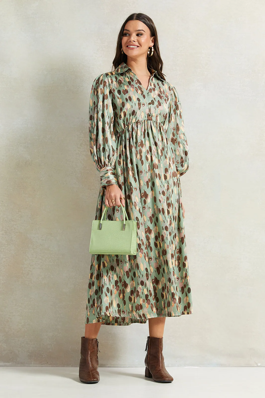 Women Mint Printed Collared Dress