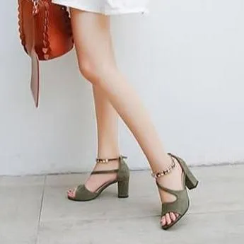 Women peep toe side hollow ankle strap chunky heels