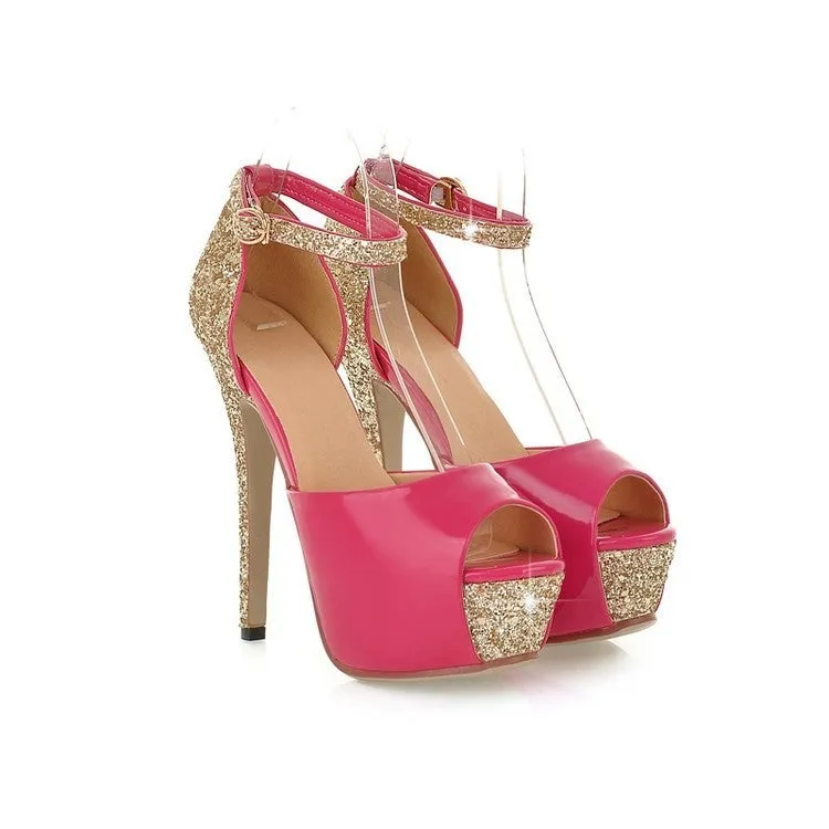 Women wedding fashion sequin peep toe side cut stiletto high platform heels