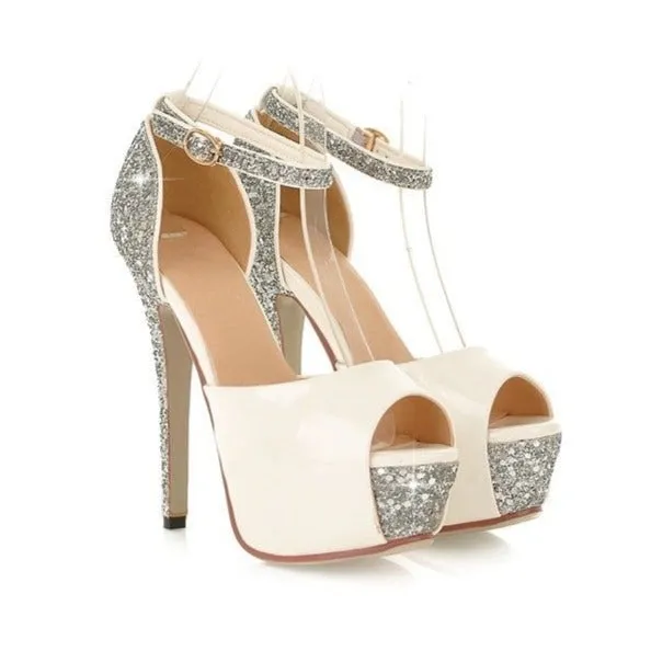 Women wedding fashion sequin peep toe side cut stiletto high platform heels