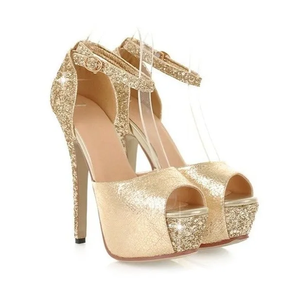 Women wedding fashion sequin peep toe side cut stiletto high platform heels