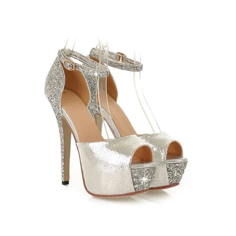 Women wedding fashion sequin peep toe side cut stiletto high platform heels