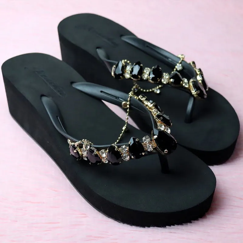 Women’s Platform Rhinestone Crystal Tassel Chain, Flip Flops Thong Slippers, Wedge Heels