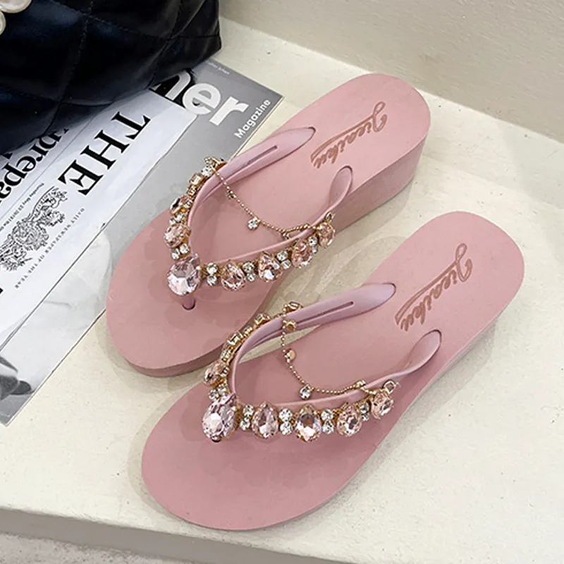 Women’s Platform Rhinestone Crystal Tassel Chain, Flip Flops Thong Slippers, Wedge Heels